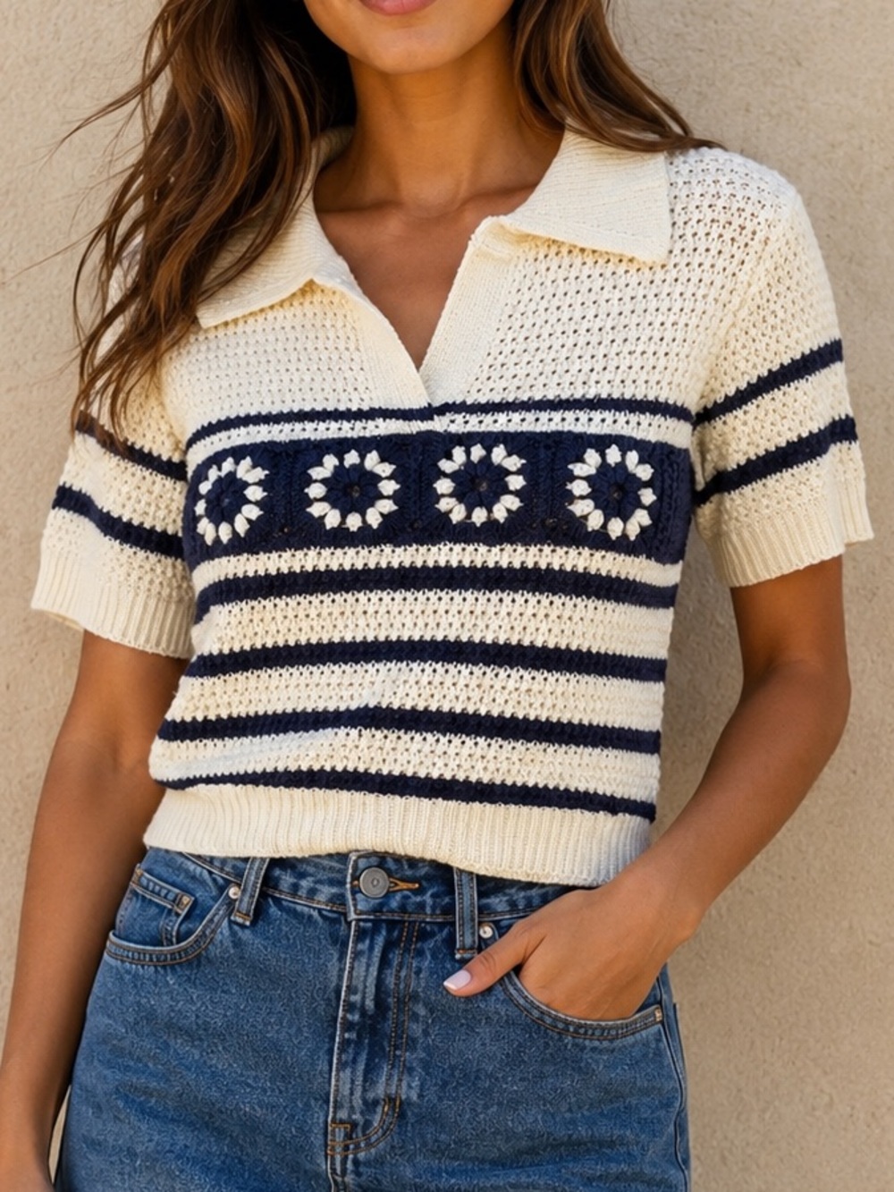 Skies Are Blue Cream & Navy Striped V‑Neck Collared Sweater